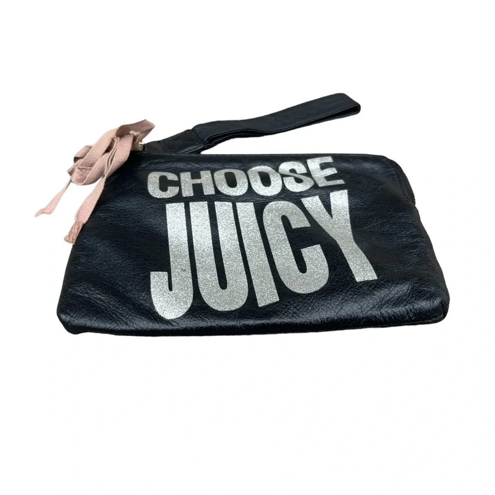 Juicy Couture Vintage Black Leather Wristlet “Choose Juicy Rare Y2K Glitter EUC